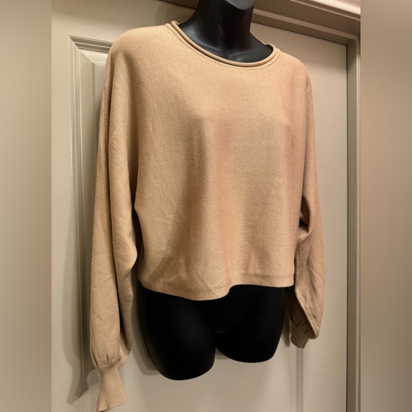 MEROKEETY Women's Tan Crewneck Cropped Sweater size L - Picture 5 of 16